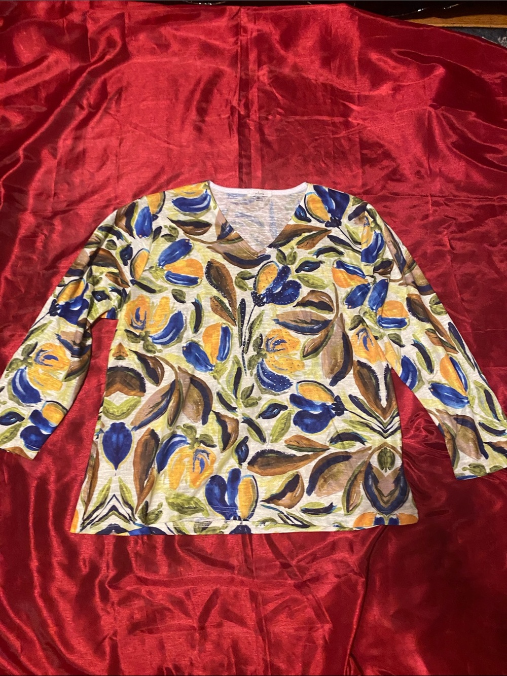 V-Neck Floral Brushstroke Print Women’s Top in Blue & Yellow